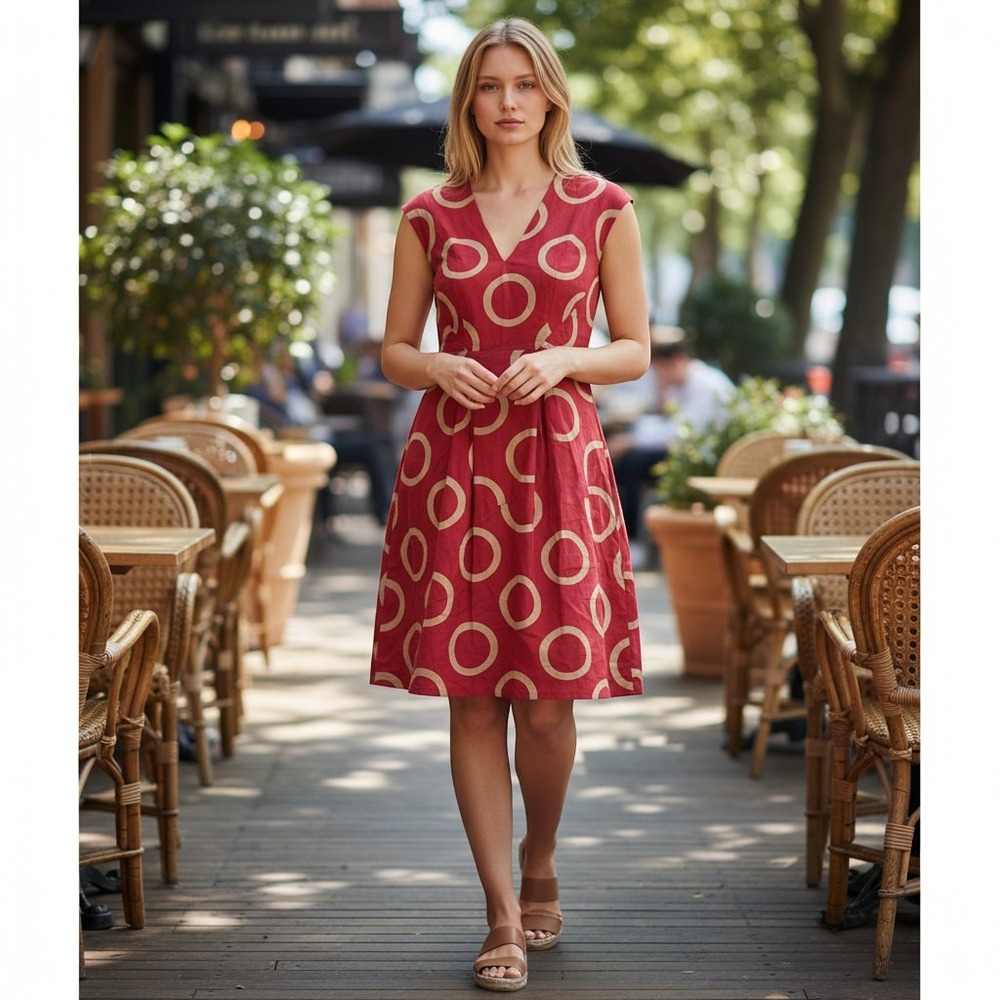 Banana Republic Sheath Dress Womens 0 Red Tan Silk‎ Blend Circle Print V-Neck